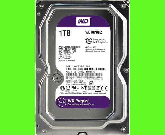  HDD 3.5" 1.0TB IntelliPower SATA3 64MB WD Purple (WD10PURZ) 24/7, для систем наблюдения (до 64 камер), AllFrame 4K уменьшает потери кадров 