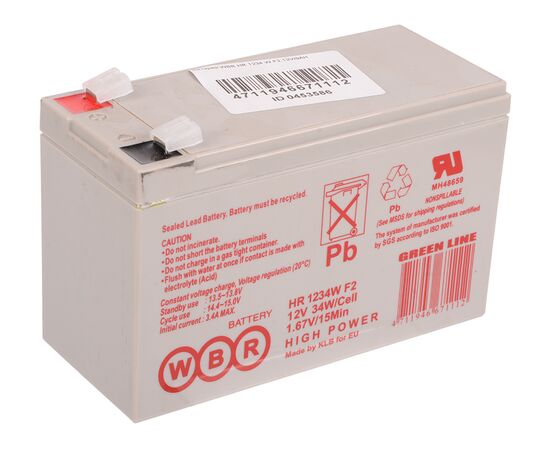 АКБ для ИБП 12В 9.0Ач WBR High Rate HR1234W F2, 34W/cell, 108 Whr, 2.5 кг, (ШхГхВ) 151х65х94 мм (102 с клеммами) 