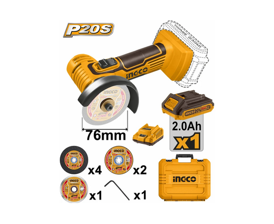  Мини-УШМ CAGLI76012 Акк., 76 мм, P20S(20В) INGCO 