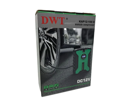  Компрессор автомобильный DWT KAP12-100 D 100Вт/22л.в мин/0.2-8 бар/ЖК дисплей/LED-подсветка/шланг 50см/шнур 3м/черно-зеленый 
